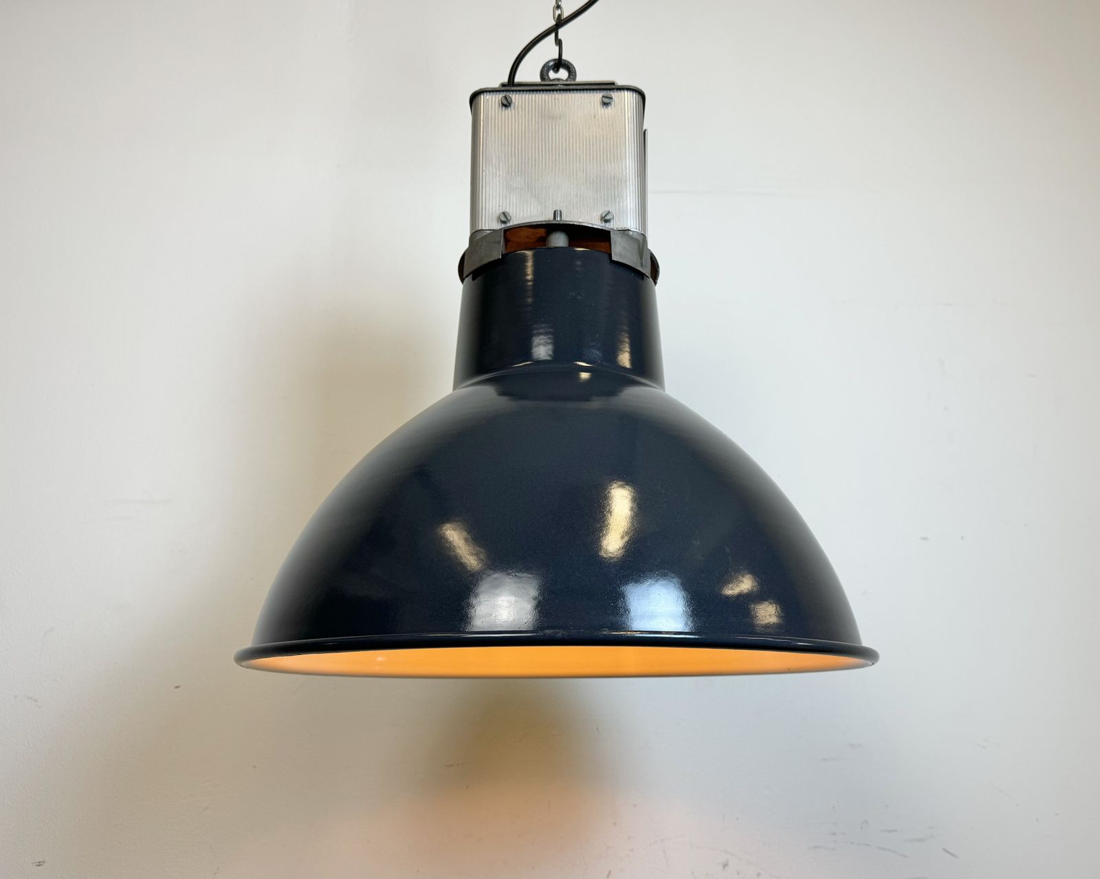 photo vinterior Industrial French Dark Blue Enamel Pendant Lamp From Mazda, 1960s