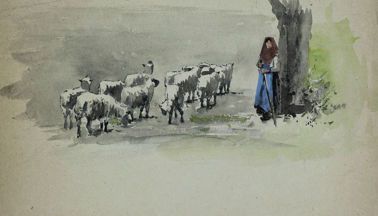 Watercolour By Newlyn Artist John Gutteridge Sykes. A Shepherdess With Sheep.