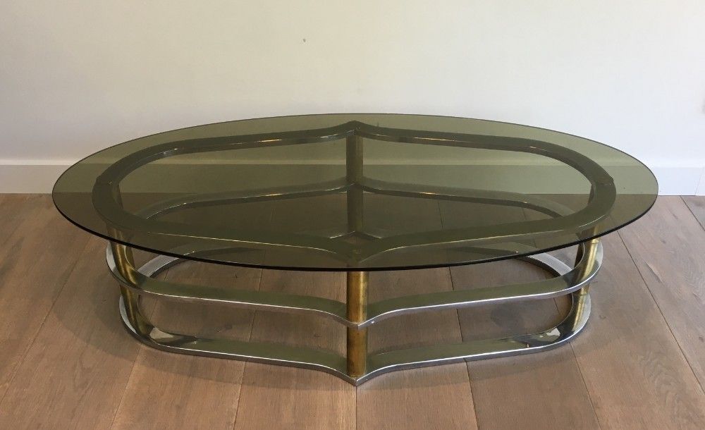 Unusual Gold Gilt Brass And Chrome Design Coffee Table. French photo for sale