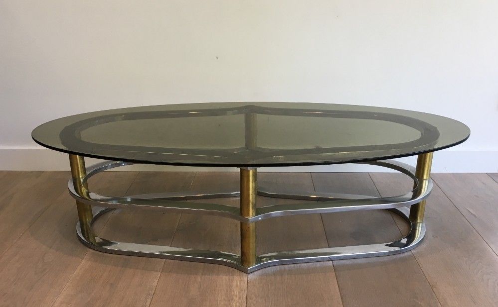 Unusual Gold Gilt Brass And Chrome Design Coffee Table. French photo Furniture