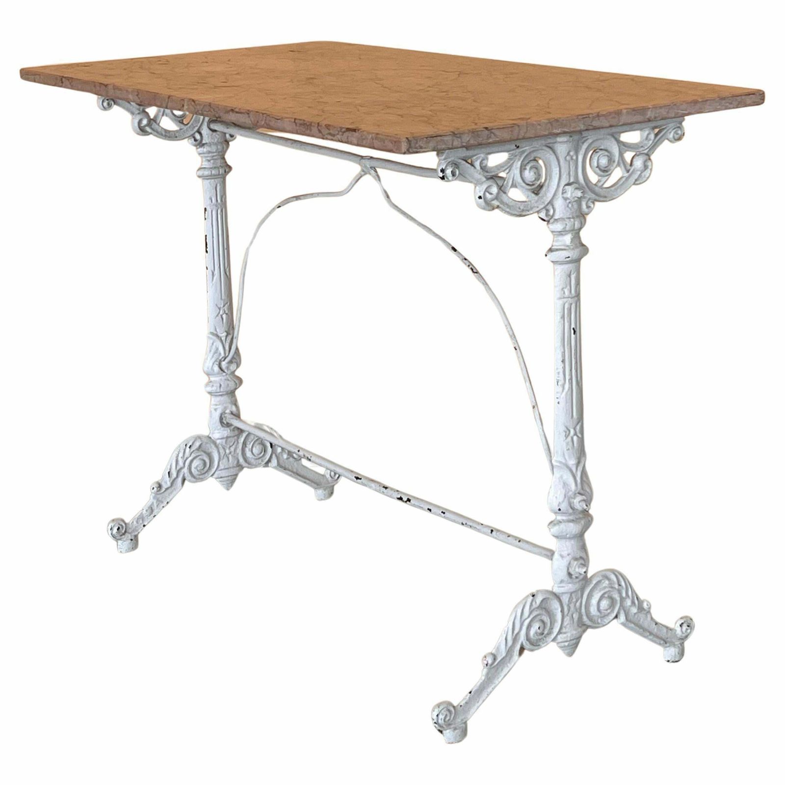 French Solid Cast Iron French Scrolling Bistro Table With Pink Marble Top