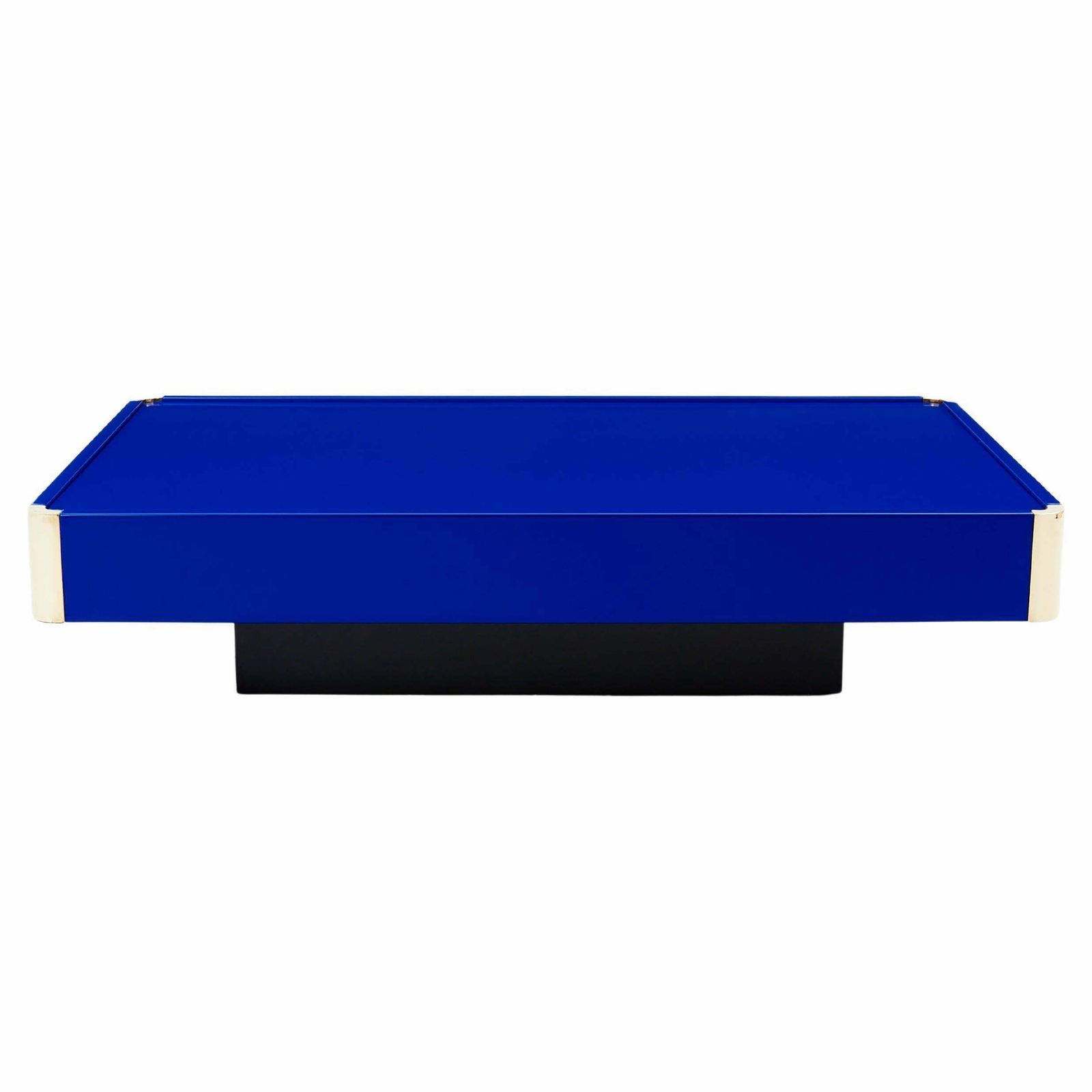 Table basse Willy Rizzo laquée bleu Majorelle et laiton, années 1970