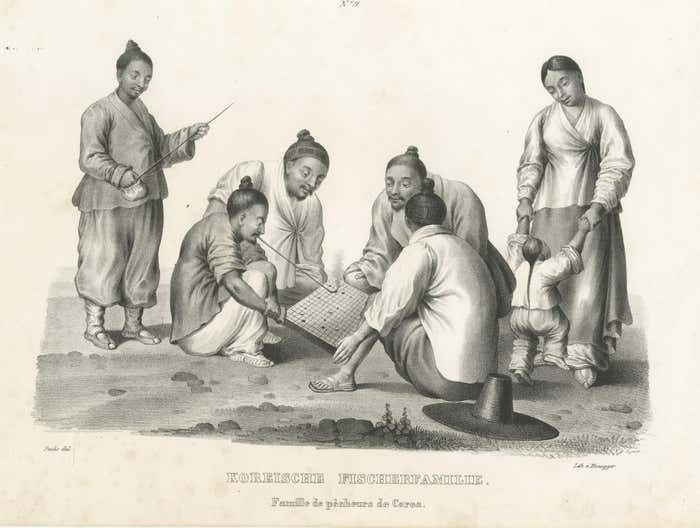 Antique Steel Engraved Print Showing A Family Of Fishermen From Korea photo for sale
