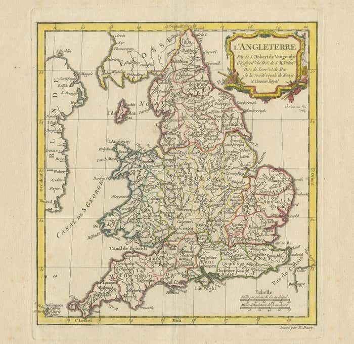 Original Antique Map Of England With Decorative Cartouche photo for sale