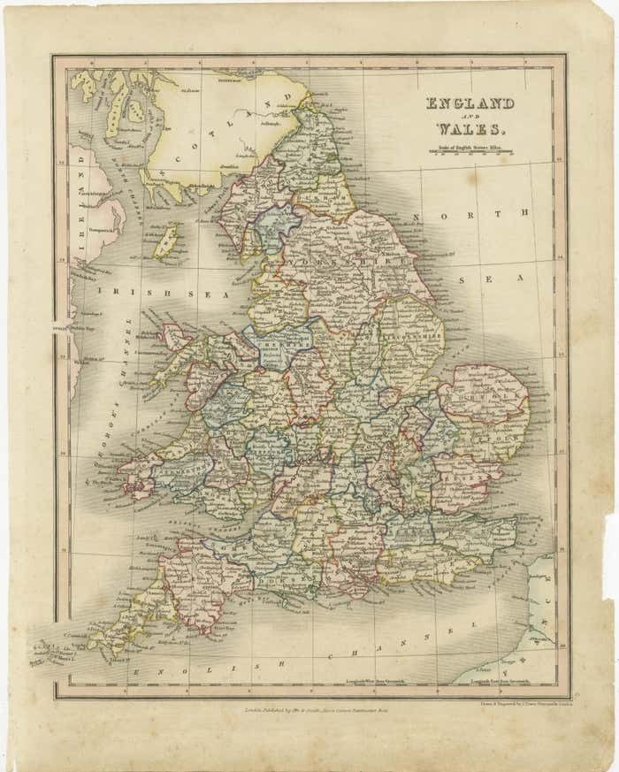 Antique Map Of England And Wales, Also Showing The English Channel photo furniture