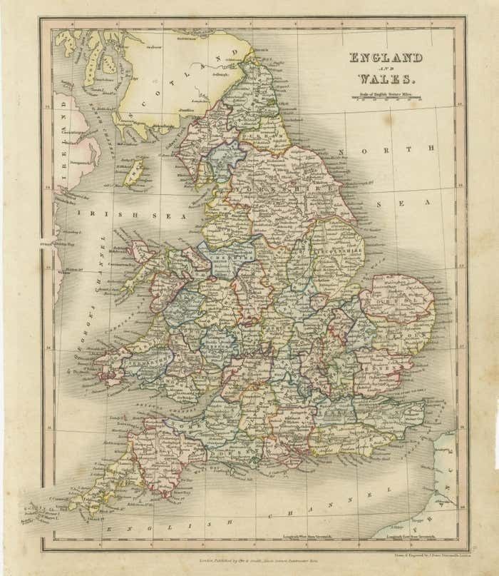 Antique Map Of England And Wales, Also Showing The English Channel photo for sale