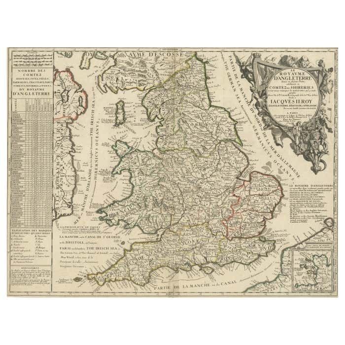 Original Antique Map Of England And Wales With Large Cartouche