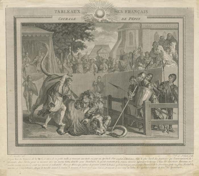 Antique Print Of The Bravery Of Pepin The Short, First King Of The Franks photo for sale