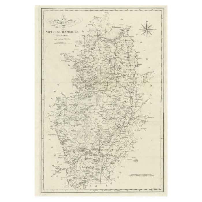 Large Antique County Map Of Nottinghamshire, England
