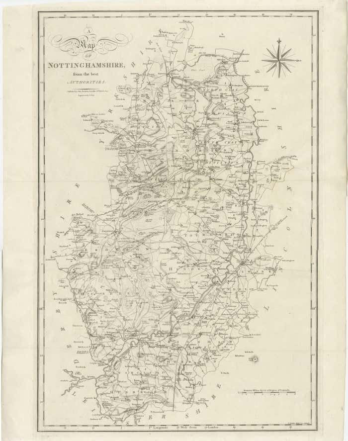 Large Antique County Map Of Nottinghamshire, England photo vinterior