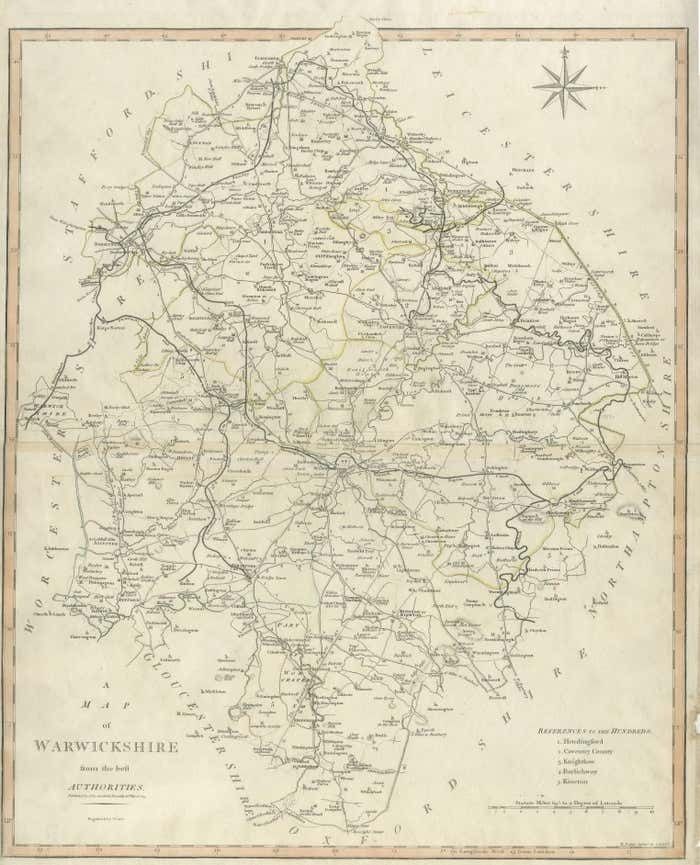 Large Antique County Map Of Warwickshire, England, With Hand Coloring photo for sale