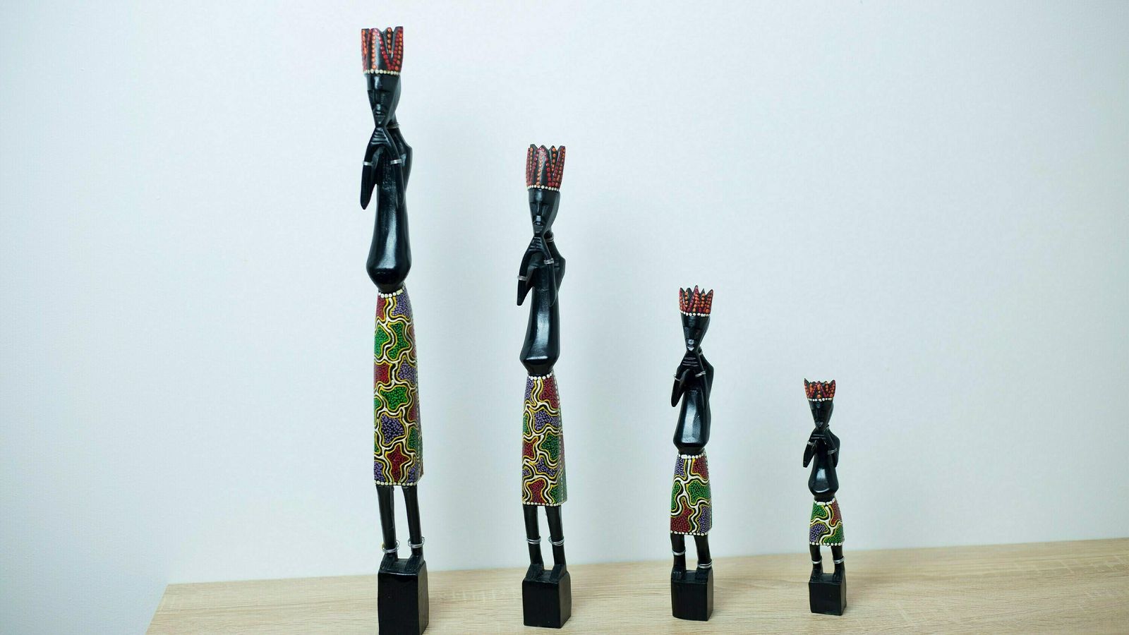 Vintage Wooden Handmade Sculptures / Set Of 4 Colorful Ethnic African Figurines Thinking / Retro Ritual Home Decor / 1980s Interior Deco photo 154.0