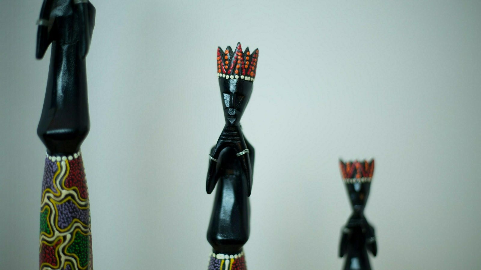 photo for sale Vintage Wooden Handmade Sculptures / Set Of 4 Colorful Ethnic African Figurines Thinking / Retro Ritual Home Decor / 1980s Interior Deco