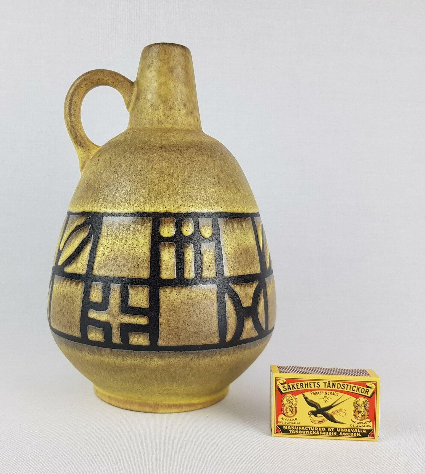 Vintage Ruscha Keramik Handled Yellow Beige Brown Vase 320/3 West German Pottery 1960s photo furniture