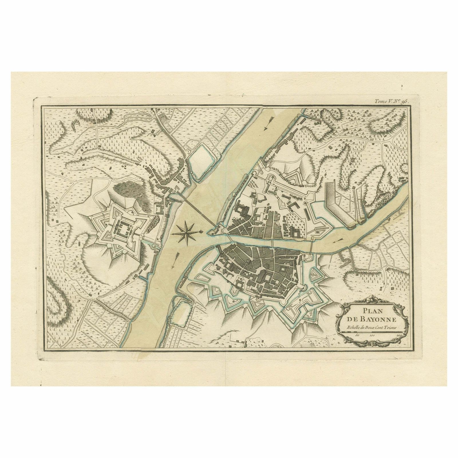 Antique Plan Of The City Of Bayonne, France