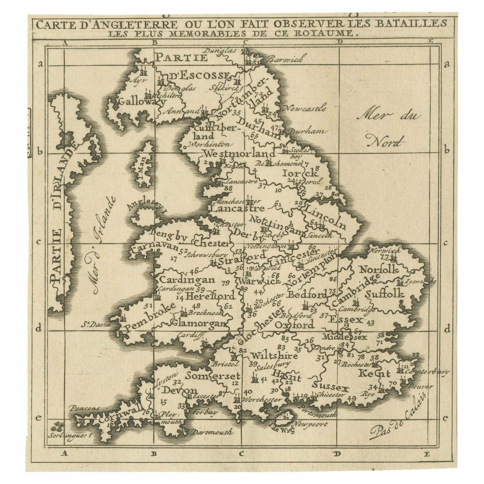 Original Antique Map Of England, Showing The Most Memorable Battles