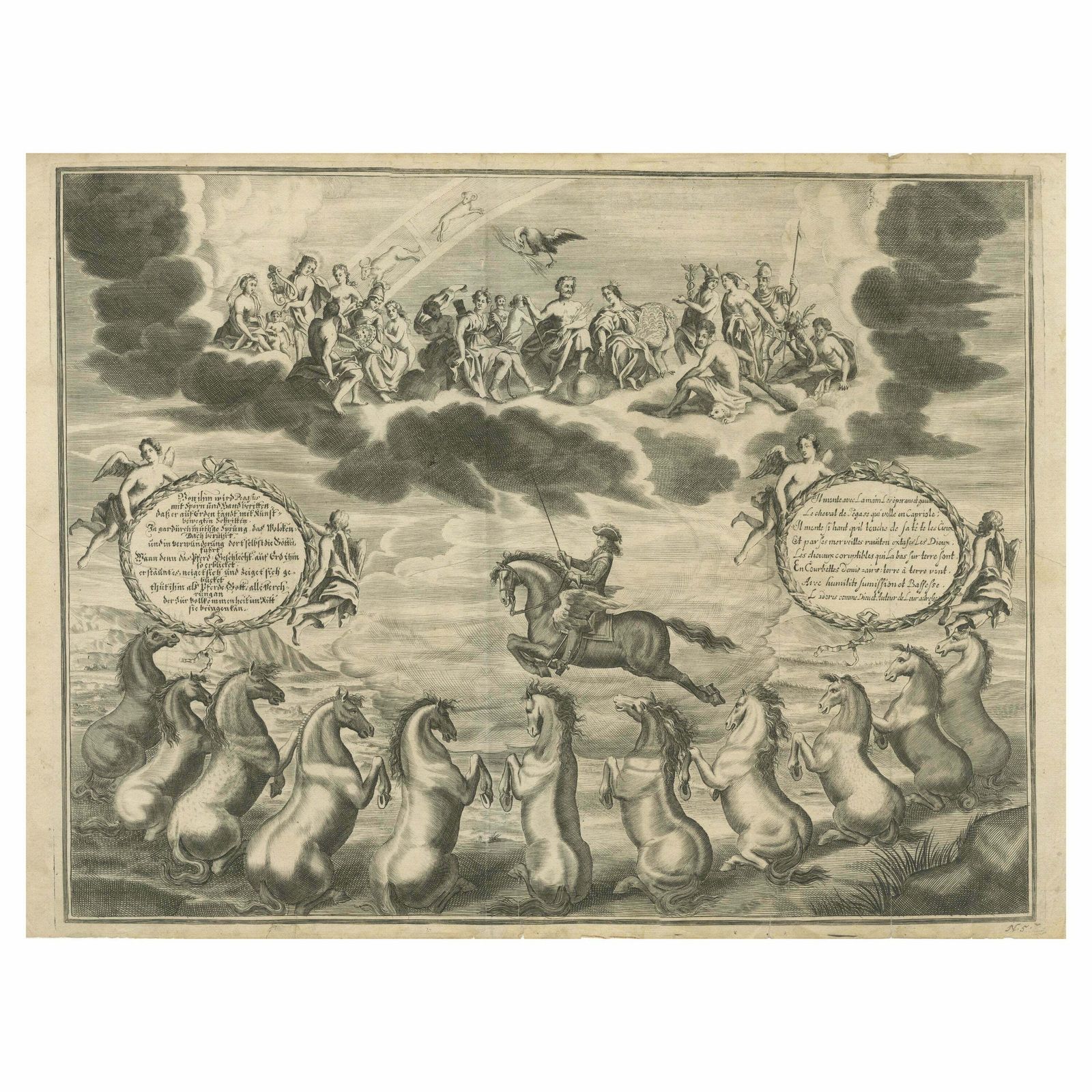 Antique Print Of The Marquess Of Newcastle Riding On Pegasus