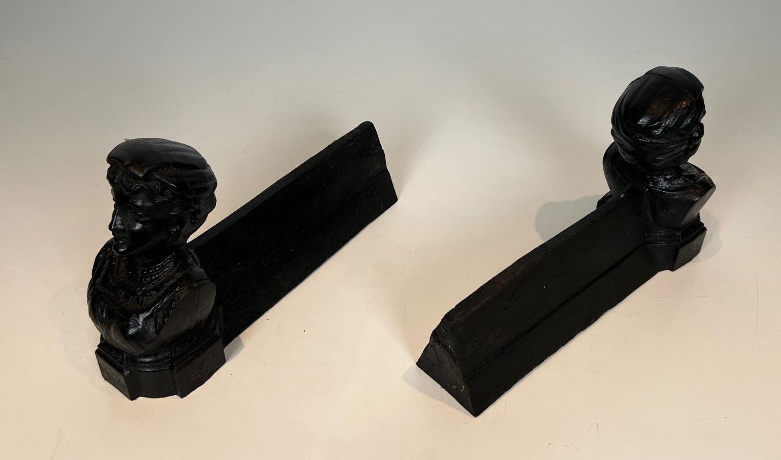 Pair Of Cast Iron Andirons With The Effigy Of An Italian Woman photo buy