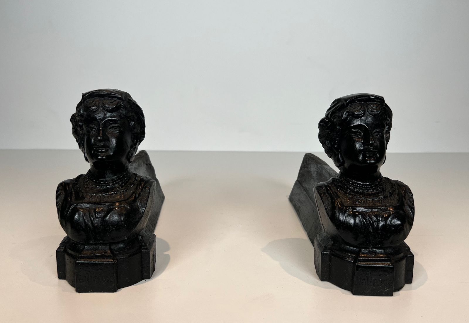 photo for sale Pair Of Cast Iron Andirons With The Effigy Of An Italian Woman