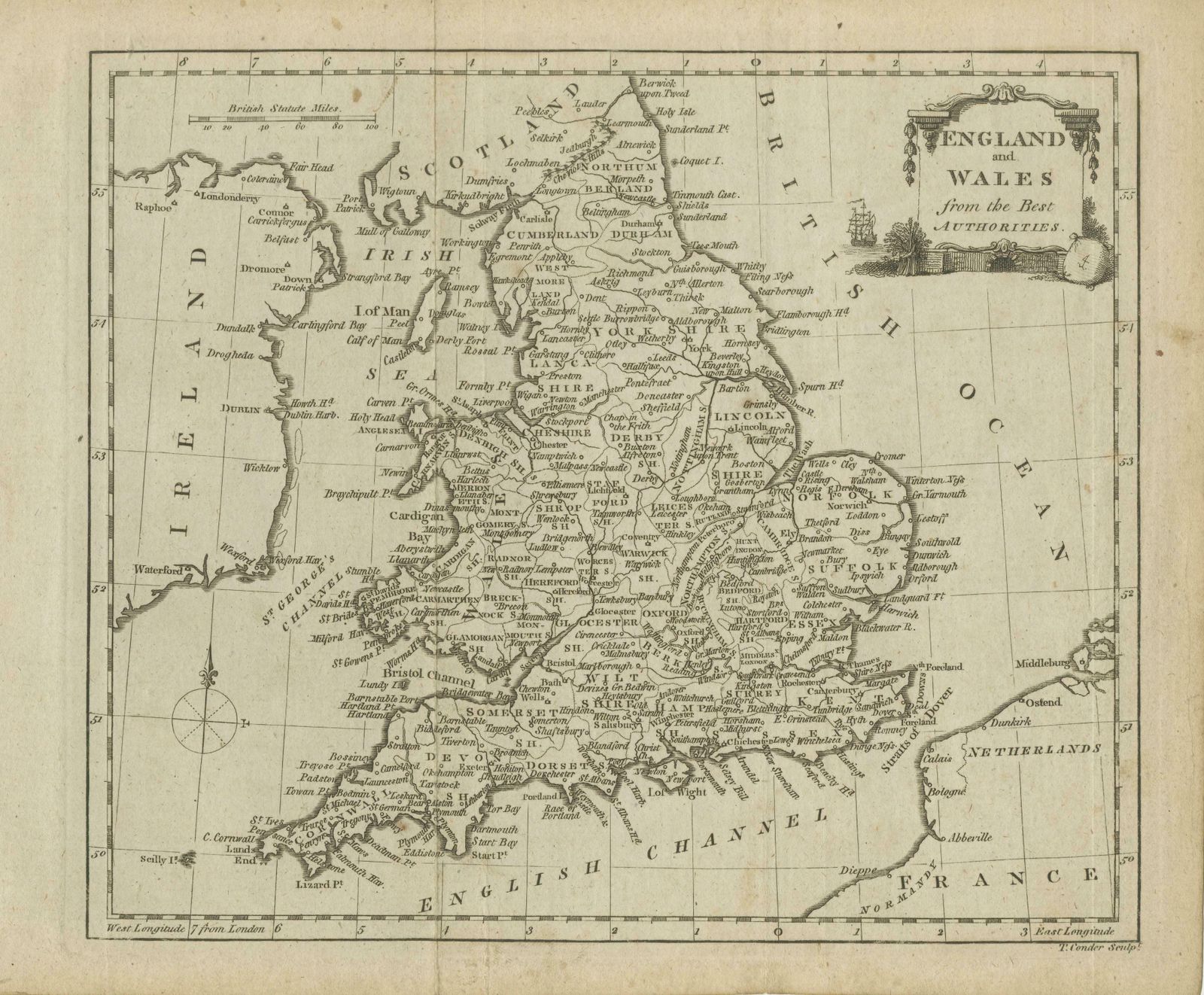 Original Antique Map Of England And Wales, With Decorative Cartouche photo for sale