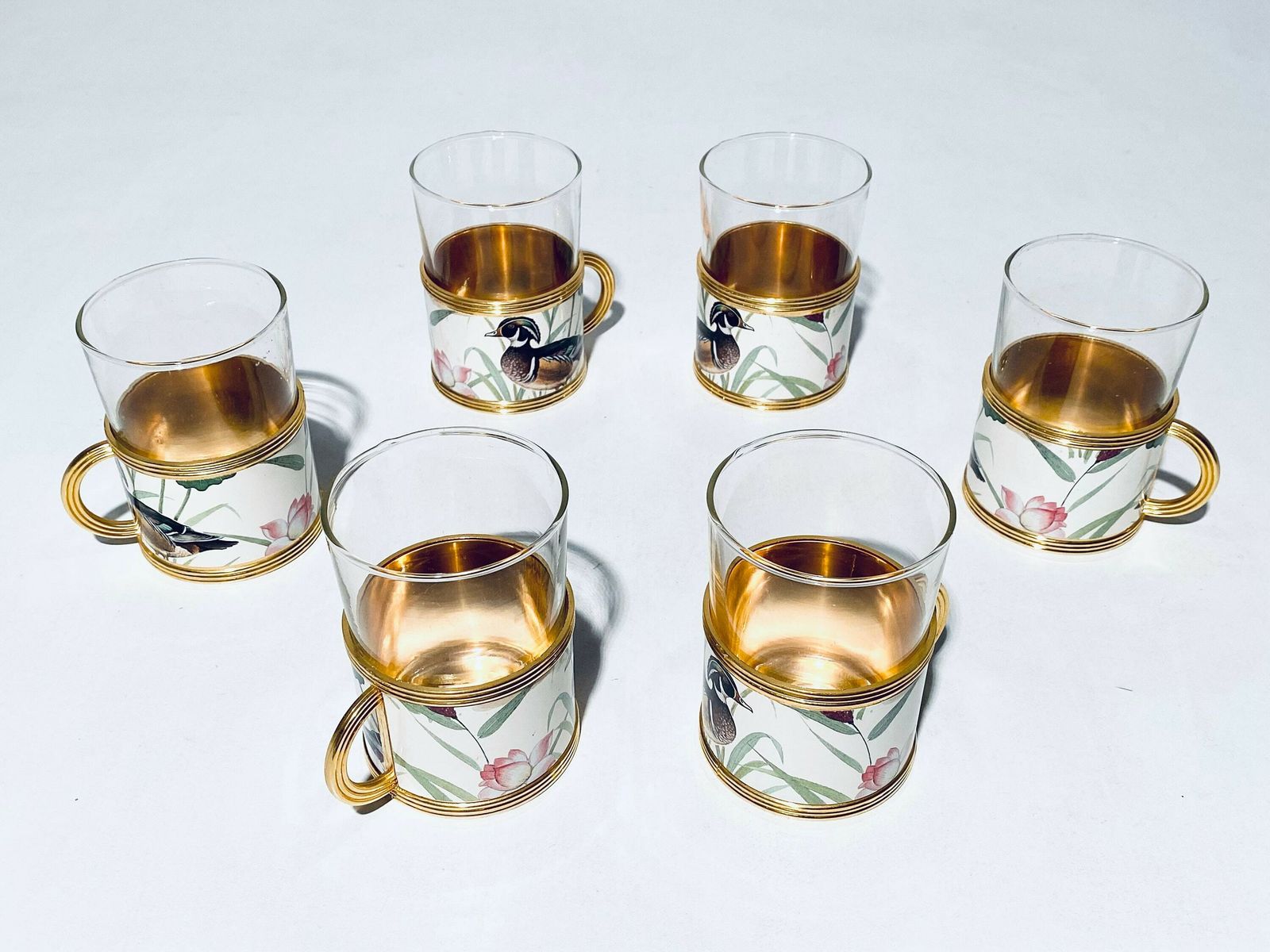 The Turnwald Collection Six Tea Set Glasses With Duck Motif & 24 Carat Gold Plated Holder / Vintage Decor