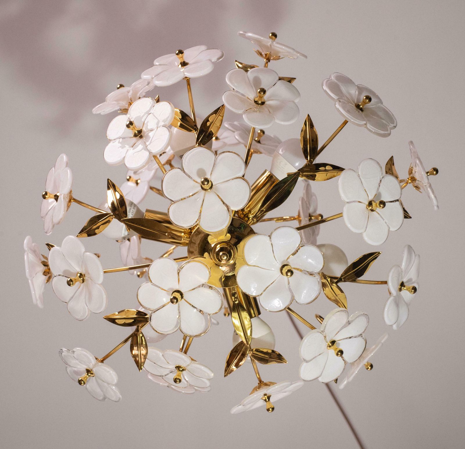 Lighting Spectacular Murano Chandelier Full Of White Flowers, New Bath Gold, 1980s photo