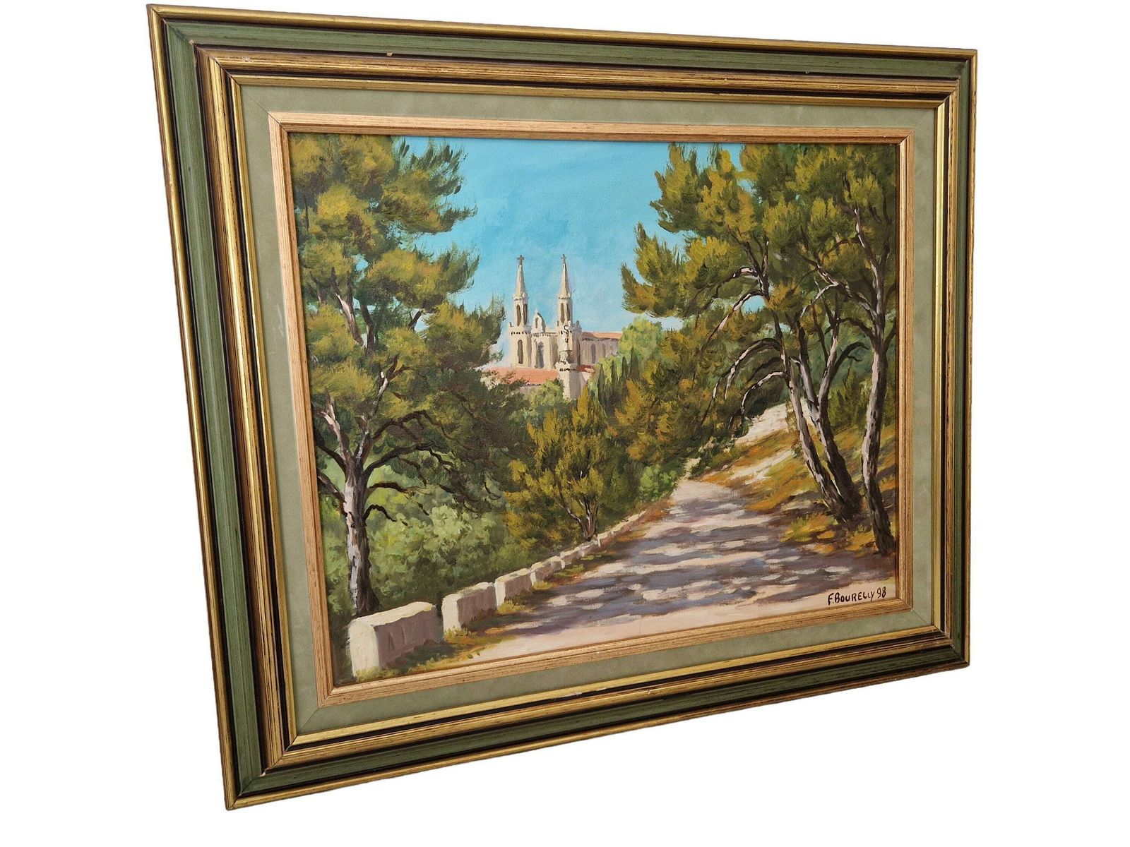 French Country Church Spire And Forest Path Painting, Framed Vintage Gallery Wall Art Of Saint Vincent De Paul In Marseille, Provence photo furniture