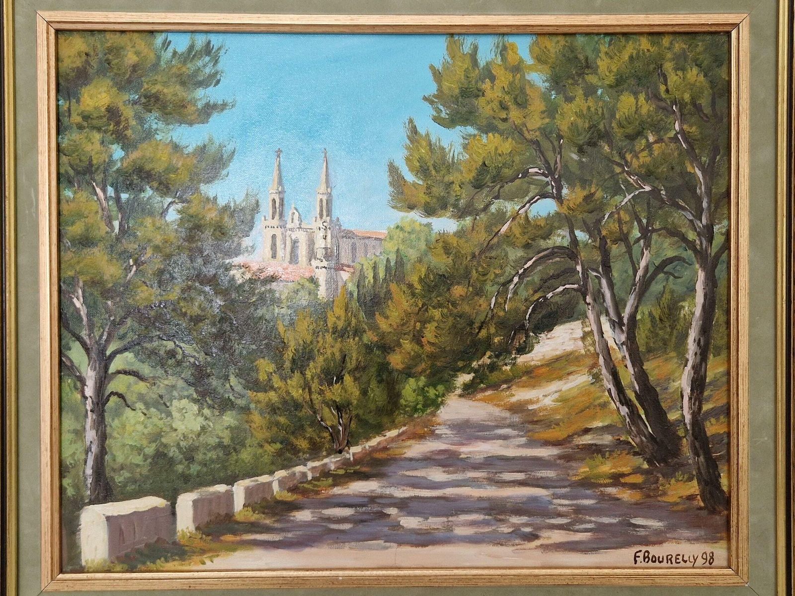 French Country Church Spire And Forest Path Painting, Framed Vintage Gallery Wall Art Of Saint Vincent De Paul In Marseille, Provence photo for sale