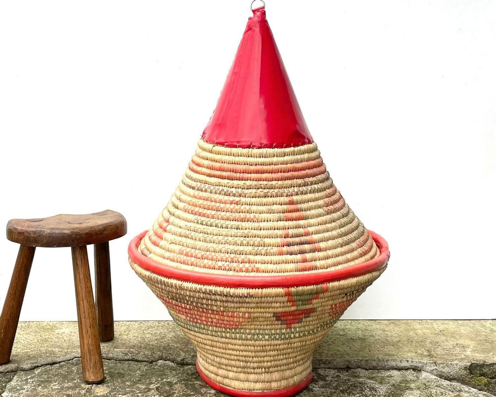 Huge Wicker And Plastic Moroccan Bread Basket, Storage, 1970s / Tbek, Boho Chic, Bohemian, Folk, Morocco