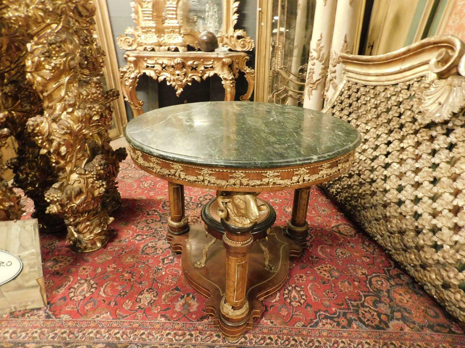 Round Table With Pedestal, Chiseled Bronzes, Green Marble Top, 1840 Germany photo furniture