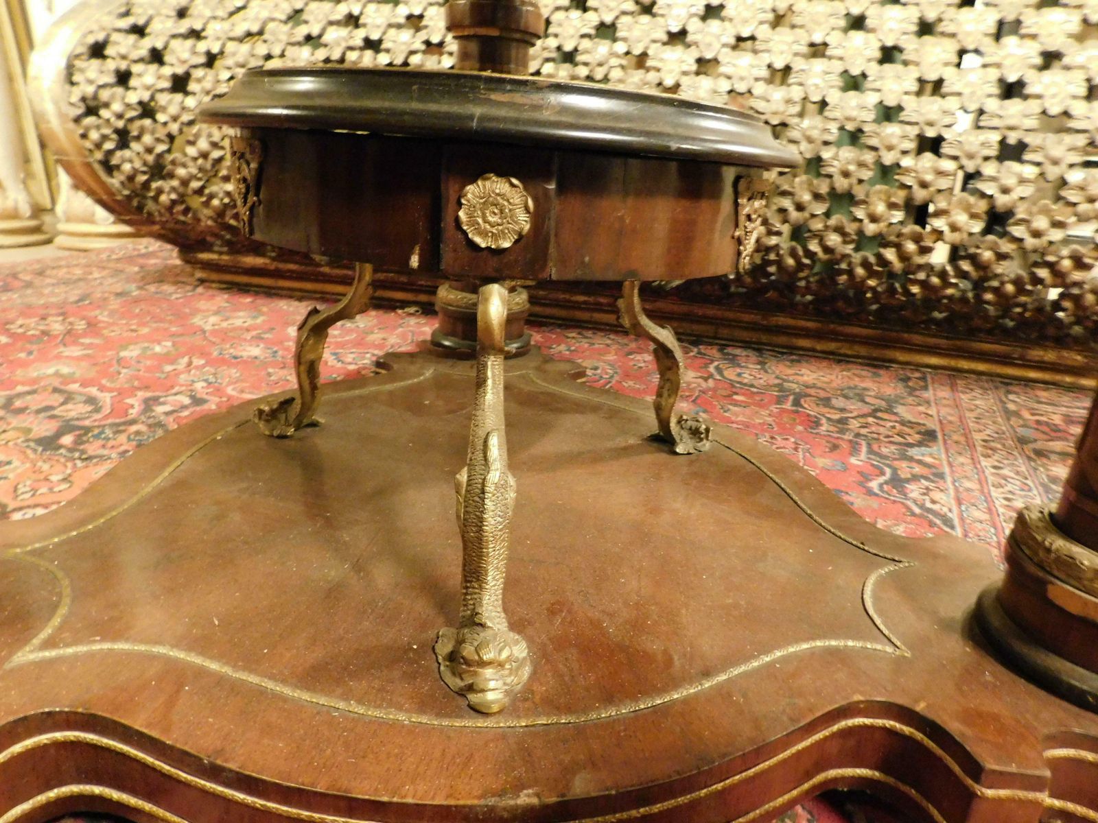 Furniture Round Table With Pedestal, Chiseled Bronzes, Green Marble Top, 1840 Germany photo