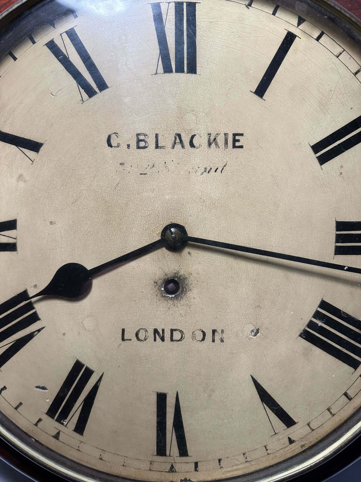 Beautiful Antique English Mahogany Station Clock By Renowned Watchmaker/Clockmaker George Blackie Strand London With 8 Day Fusse Movement Circa 1850 photo vinterior