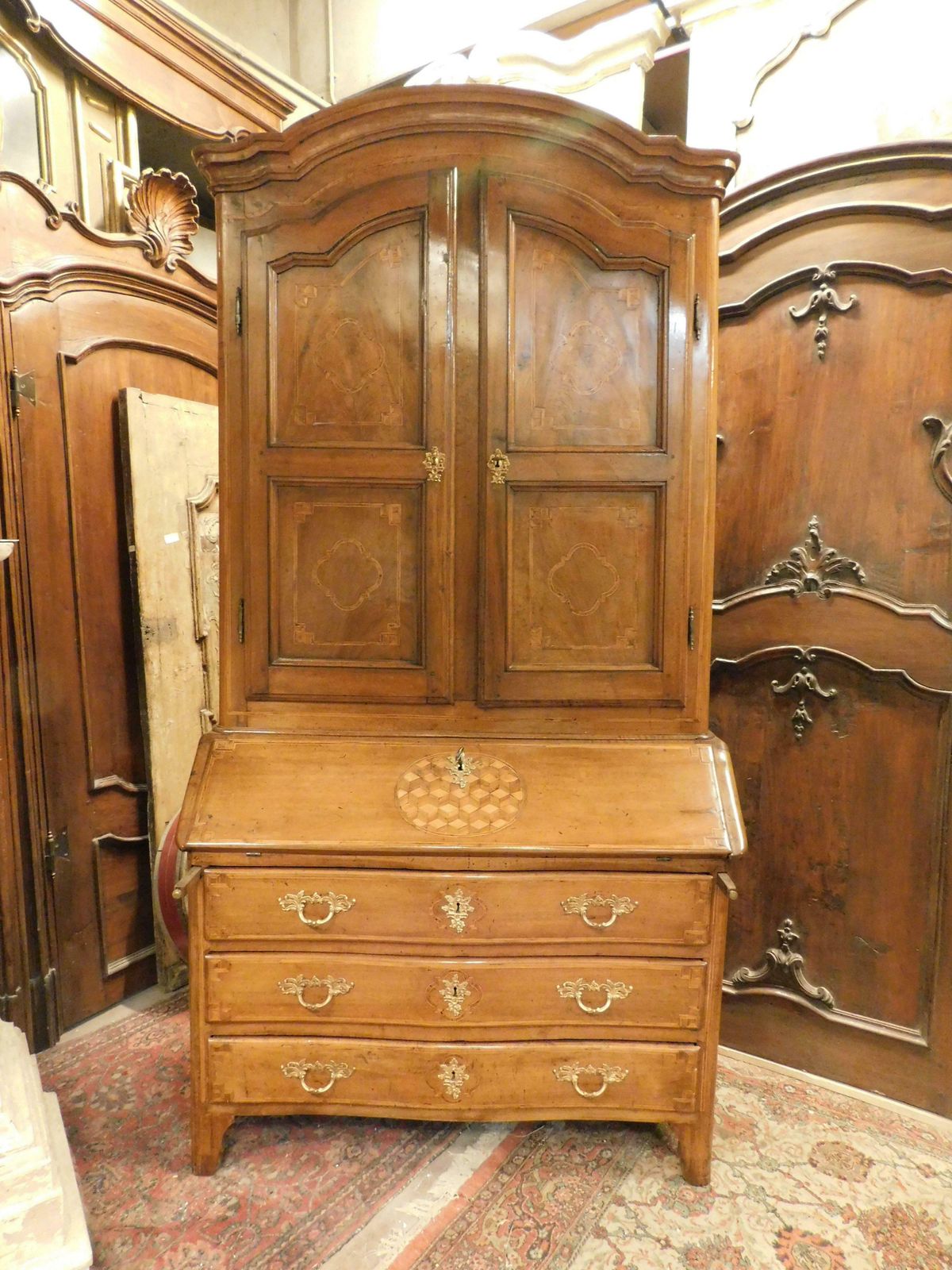 Antique Walnut Trumeau, Richly Inlaid, 2 Doors, Drawers And Flap, Italy photo furniture