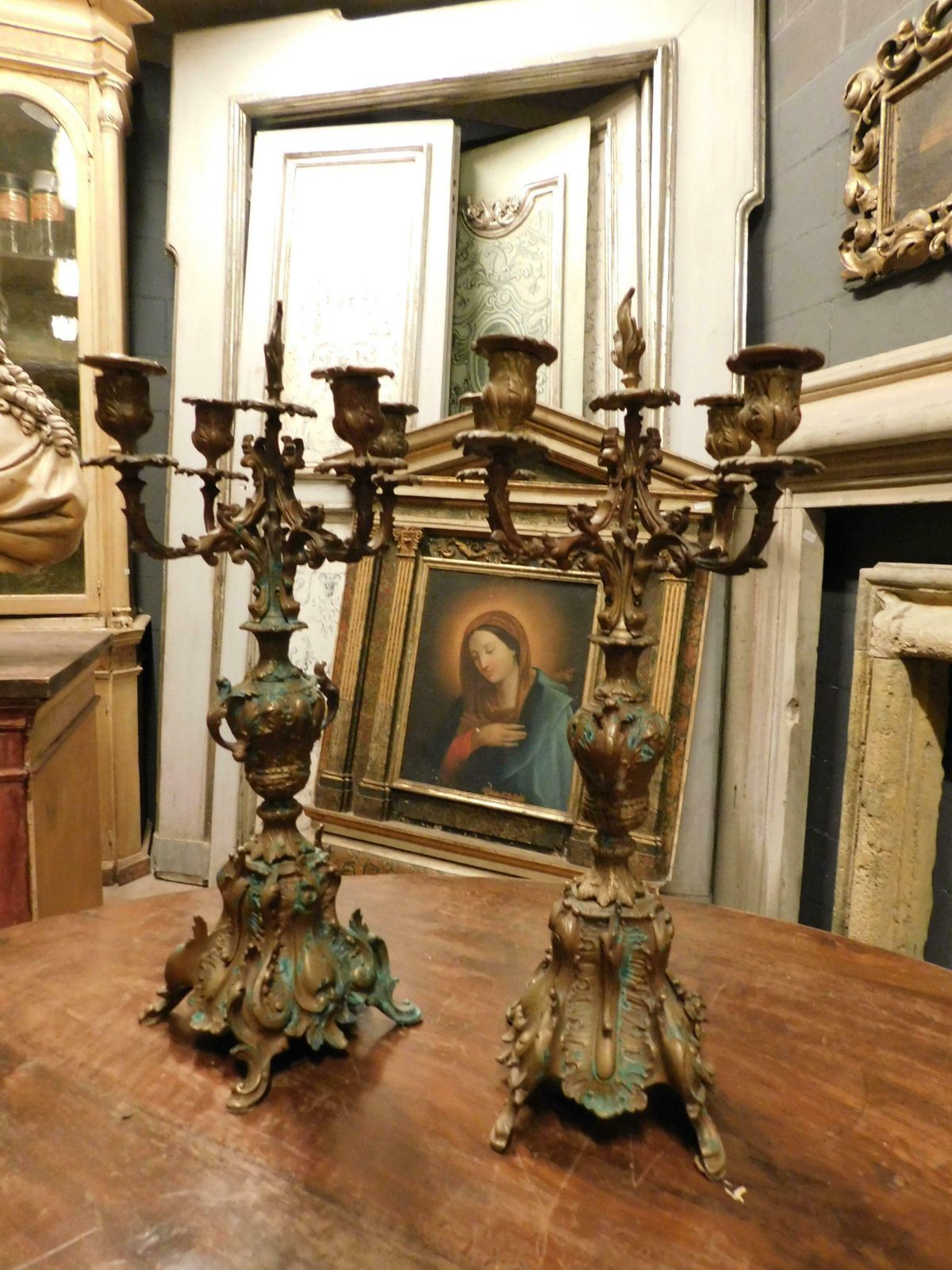 Pair Of Gilded And Sculpted Bronze Candelabra, Italy photo for sale