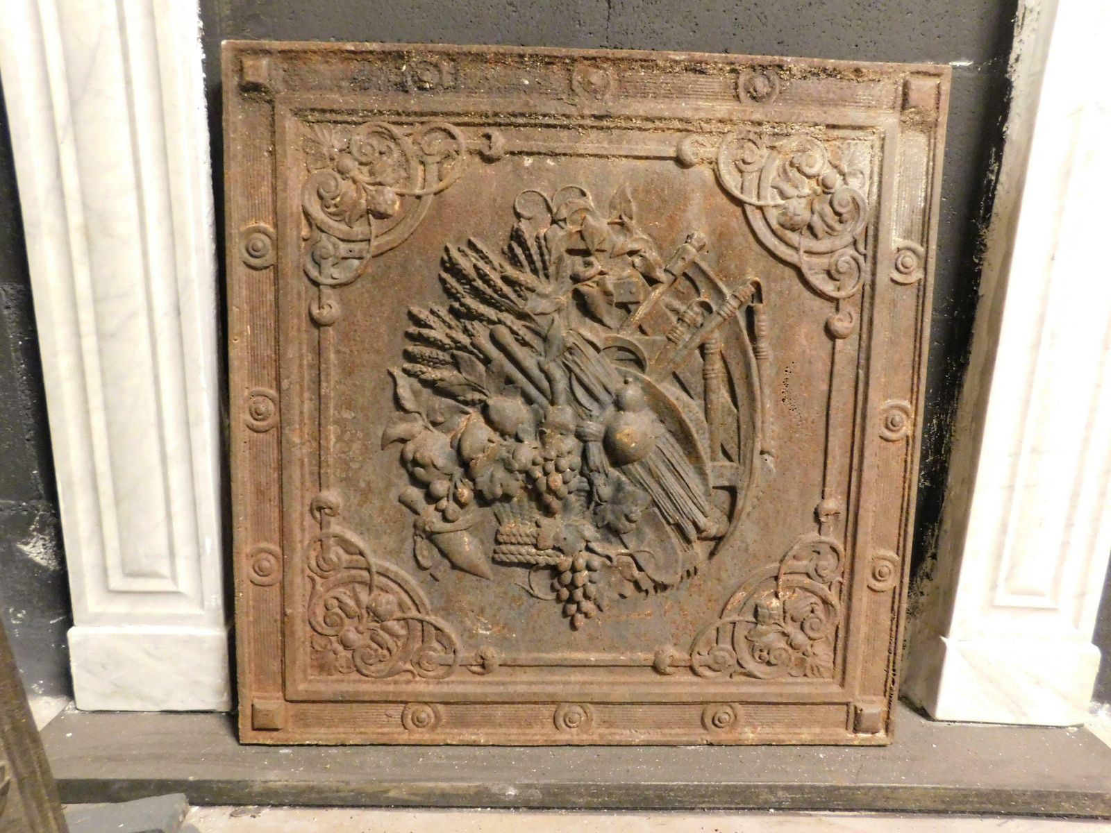Old Cast Iron Fireplace Backplate, Richly Carved, Italy photo furniture