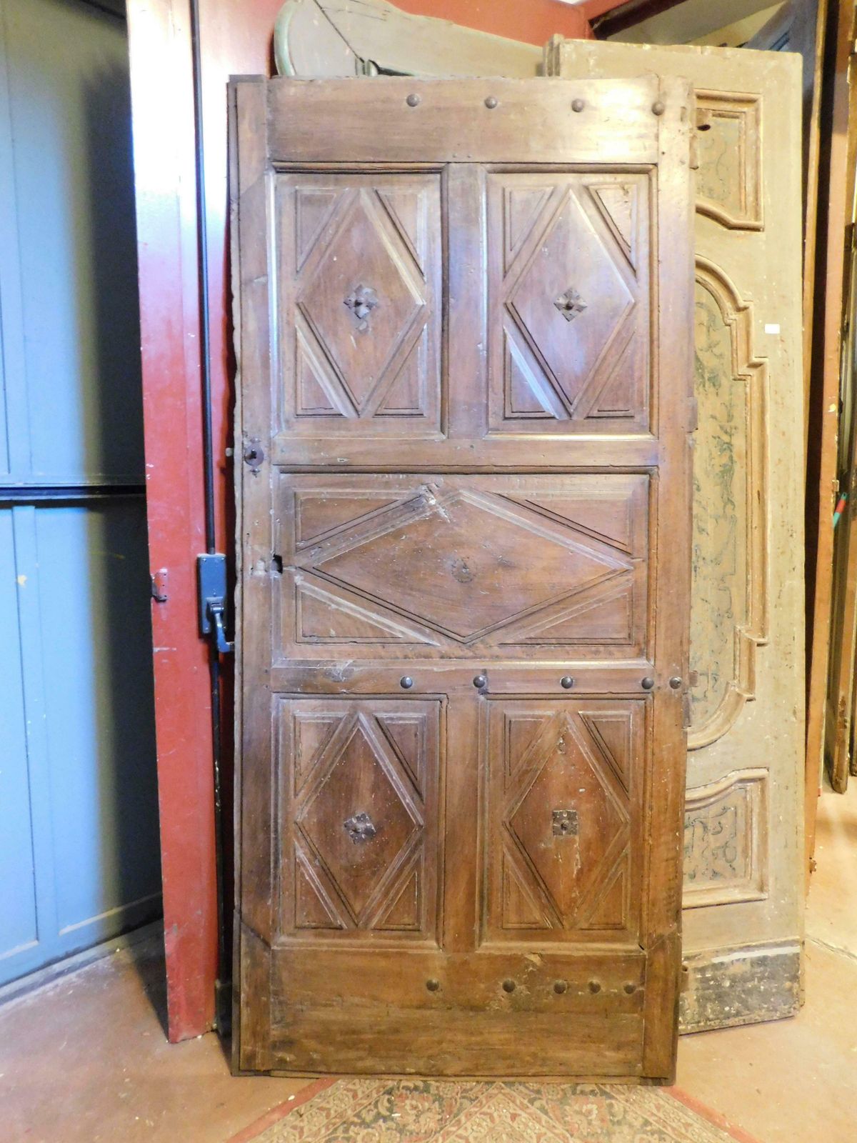 Interior Wooden Door With Diamond Shaped Carved Panels, Italy photo Home Fixtures