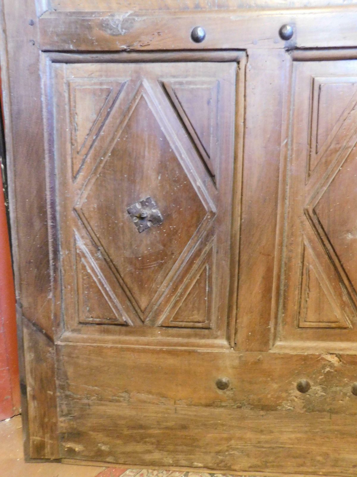 Interior Wooden Door With Diamond Shaped Carved Panels, Italy photo vintage