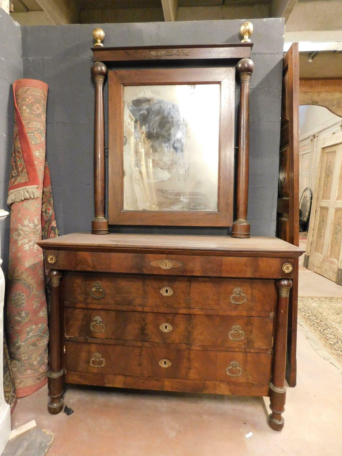 photo furniture Console Mirror And Chest Of Drawers, Walnut Wood Veneered, Gilded Bronze, Italy
