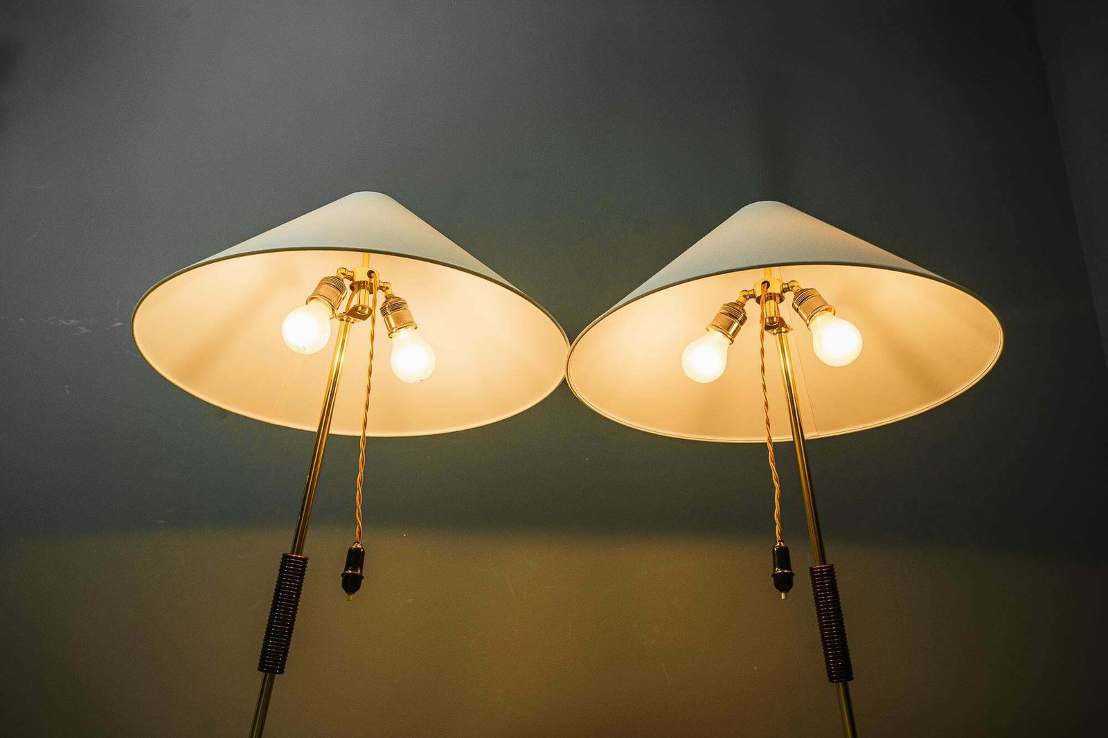 photo vintage 2x Rupert Nikoll Floor Lamps With Wood Handle, Circa 1950s