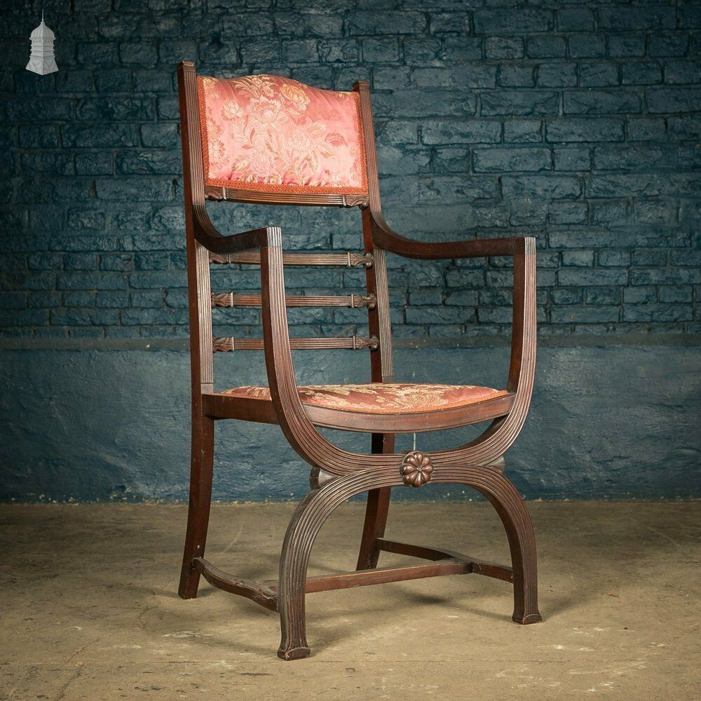 X Frame Armchair, Reeded Hardwood And Floral Textiles. Hardwood Chair