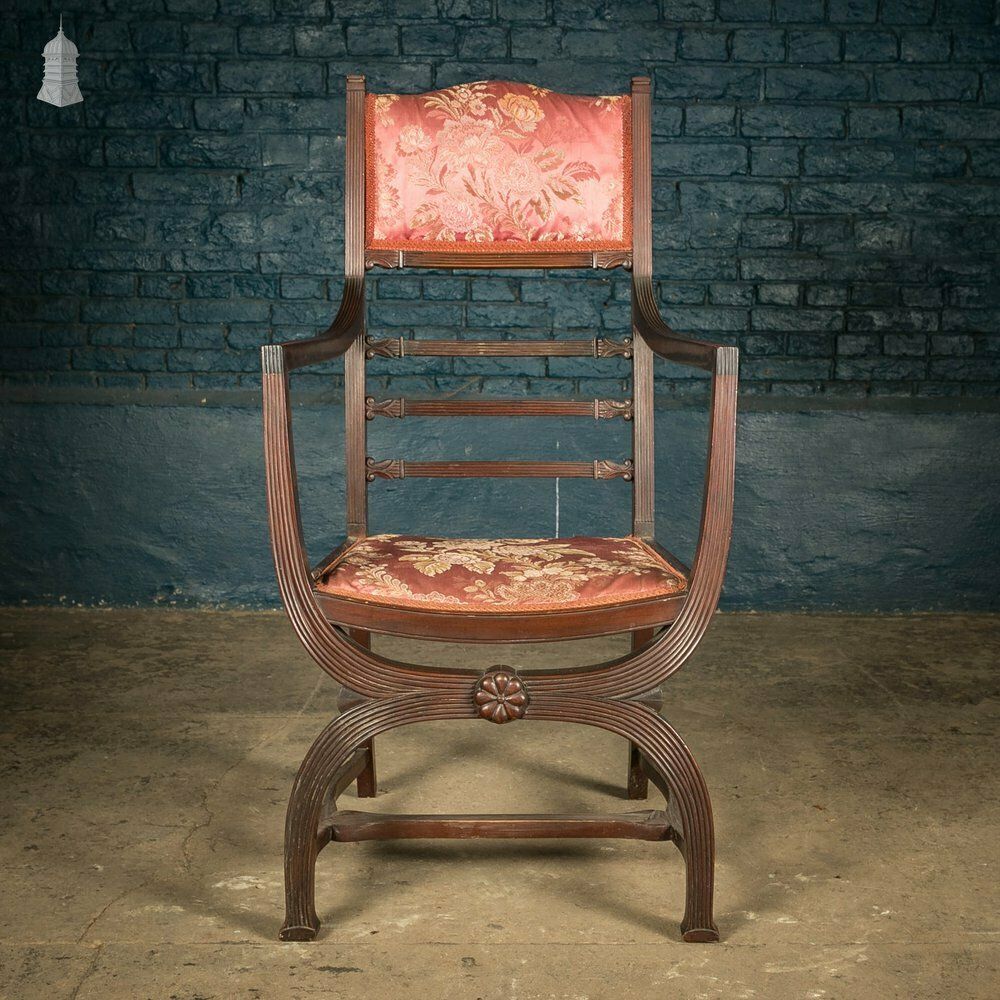 X Frame Armchair, Reeded Hardwood And Floral Textiles. Hardwood Chair photo furniture