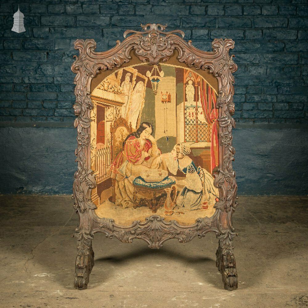 Carved French Fire Screen, Crewel Work Tapestry, 18th C Carved Oak Frame