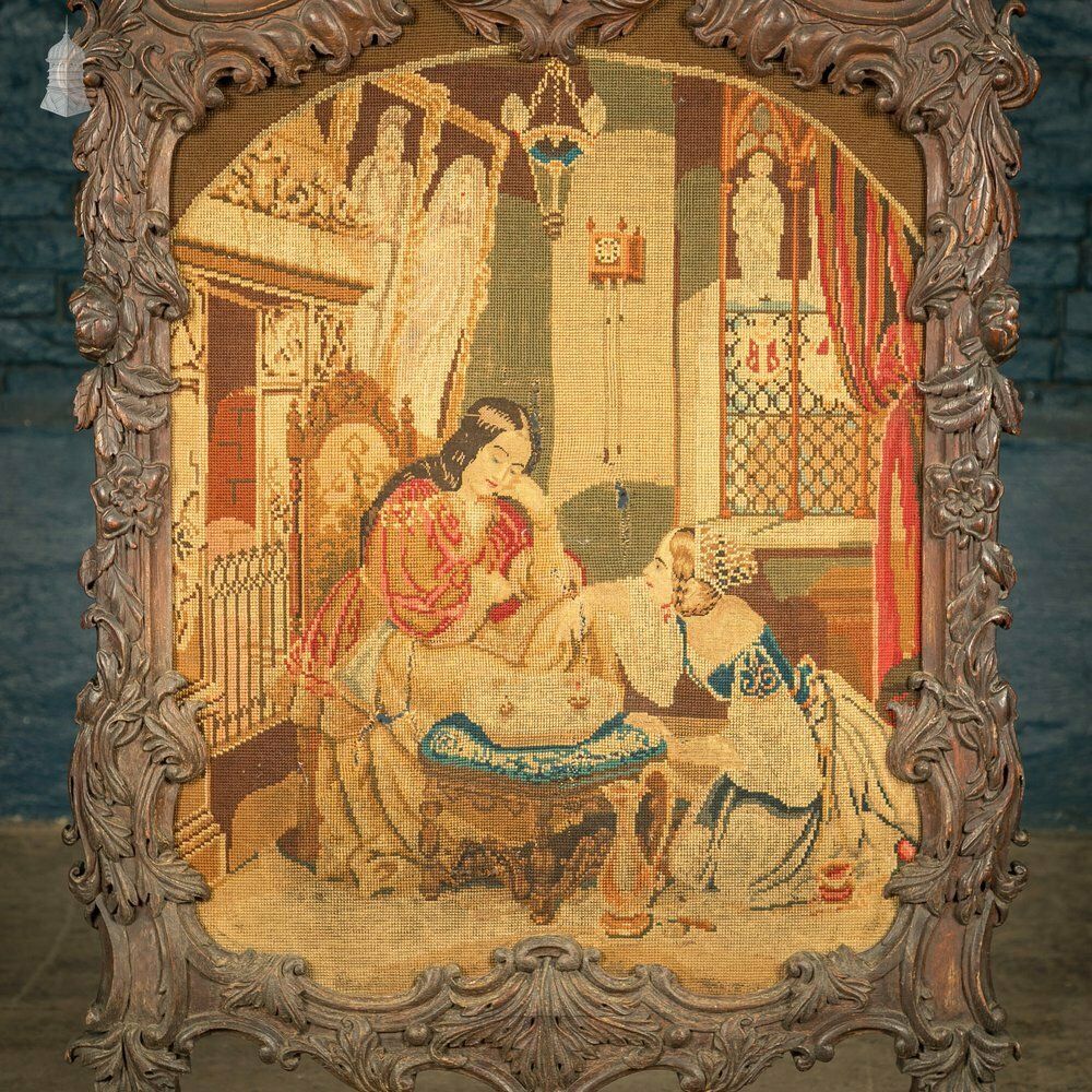 Carved French Fire Screen, Crewel Work Tapestry, 18th C Carved Oak Frame photo furniture