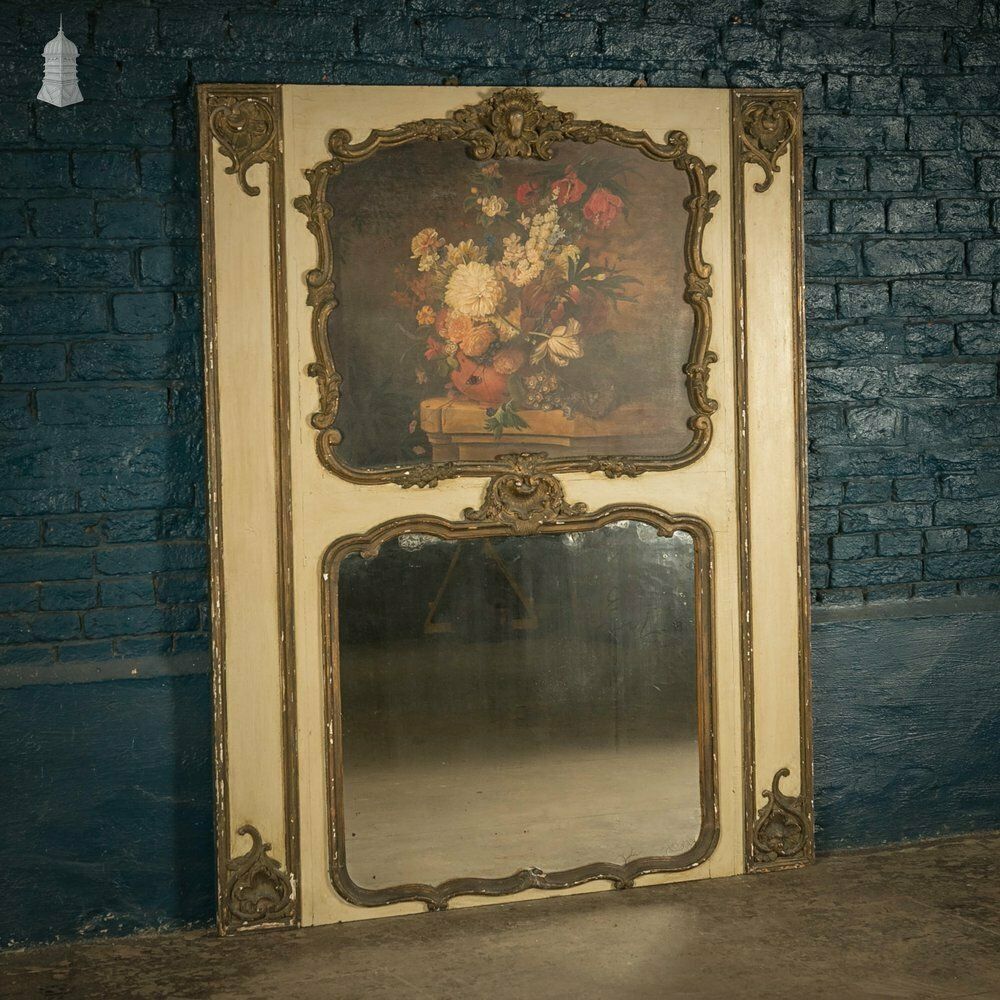 Louis XVI Trumeau Mirror, Painted Floral Still Life photo furniture