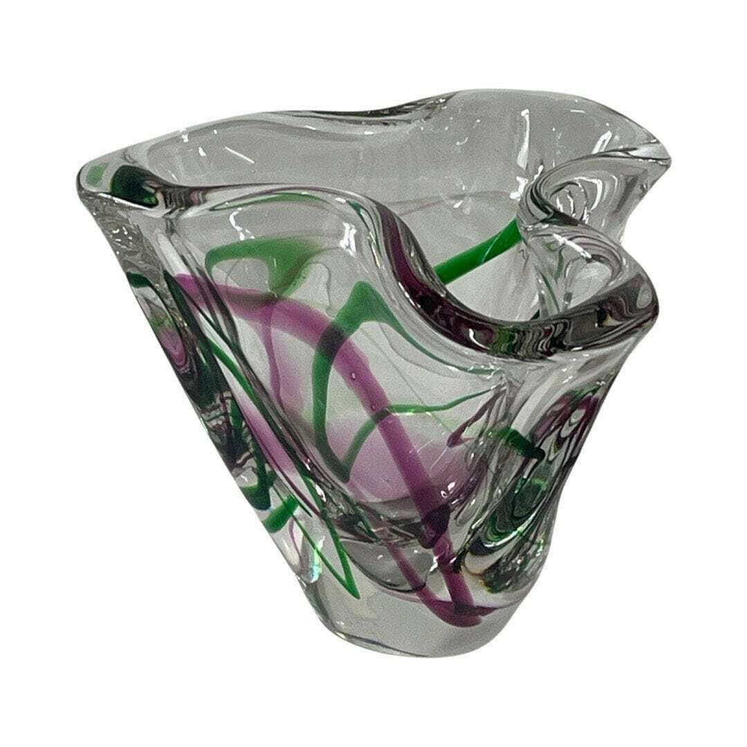 Max Verboeket   Kristalunie Maastricht   Vase With Purple And Green   Unused, Vintage   Dutch Glass   Signed Edition