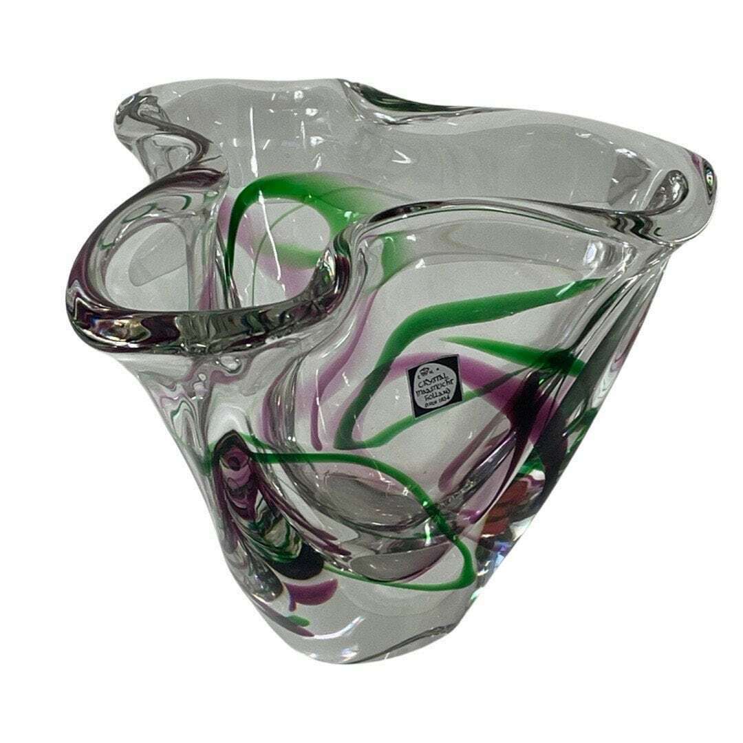 Max Verboeket   Kristalunie Maastricht   Vase With Purple And Green   Unused, Vintage   Dutch Glass   Signed Edition photo furniture