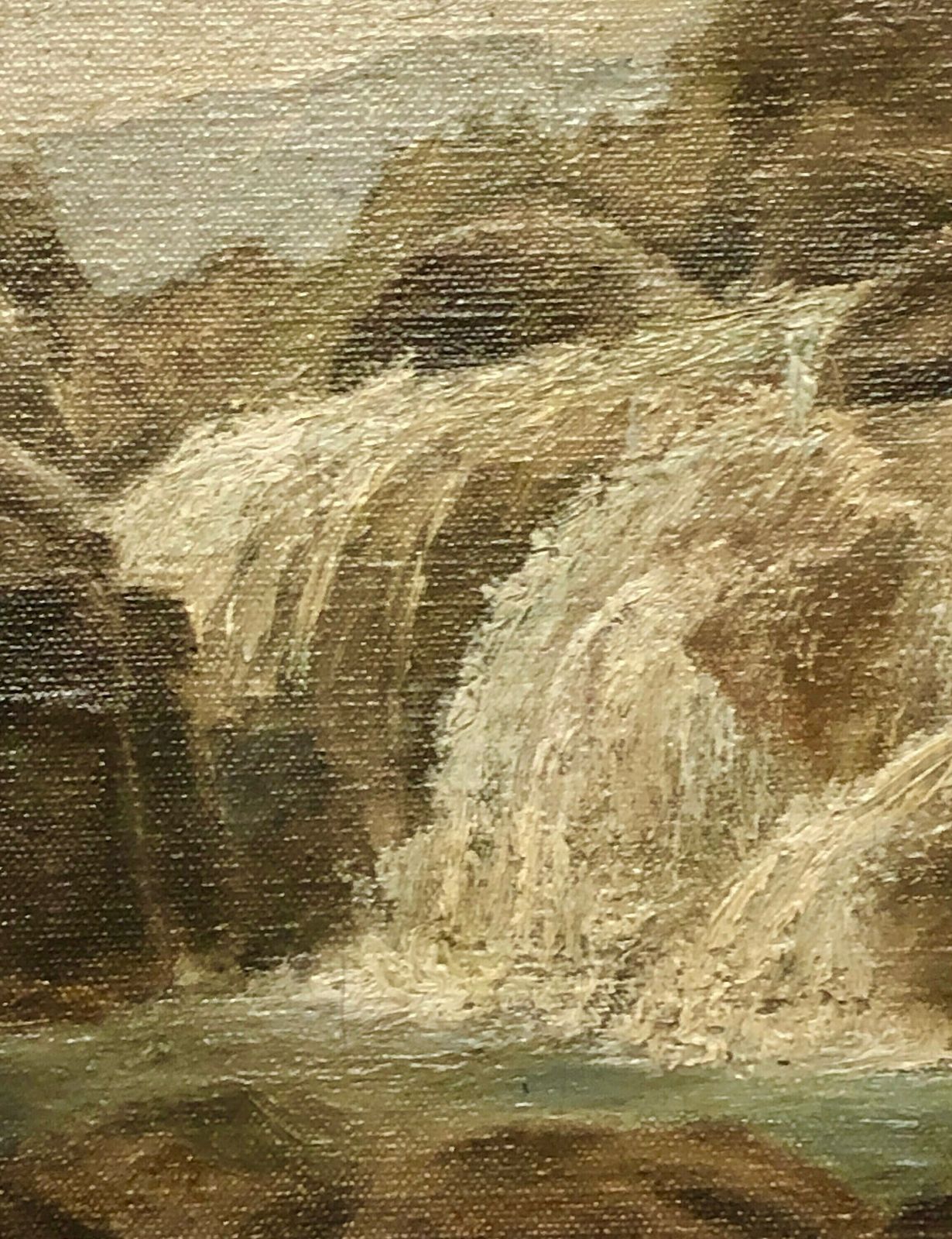 Naturalistisch olieverfschilderij met waterval en berglandschap in vergulde houten lijst photo buy
