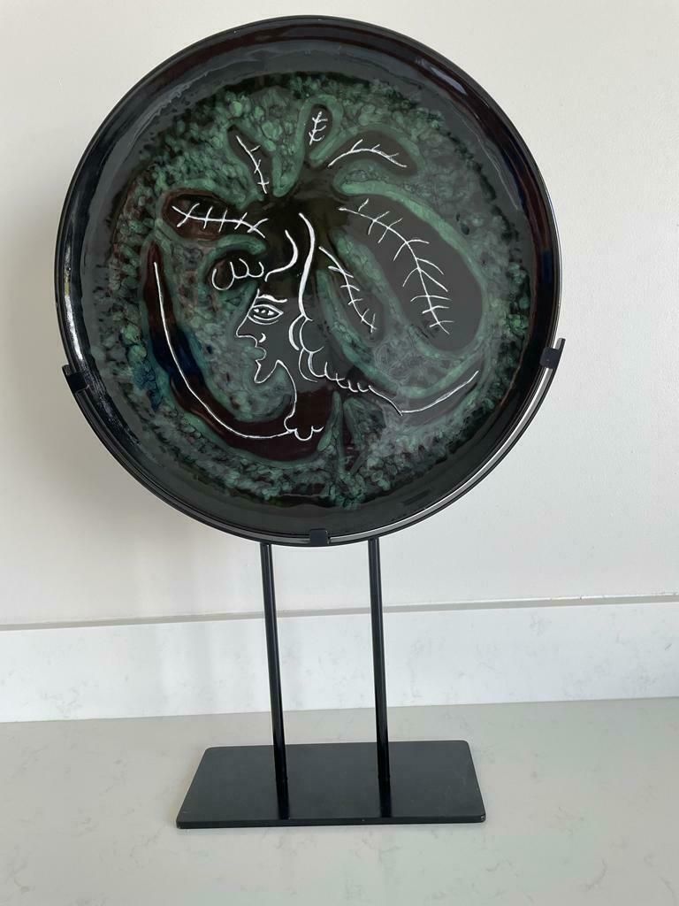 Jean Lurcat Glazed Ceramic Plate, Green & Black, Medusa, C1955, France photo 3336.0