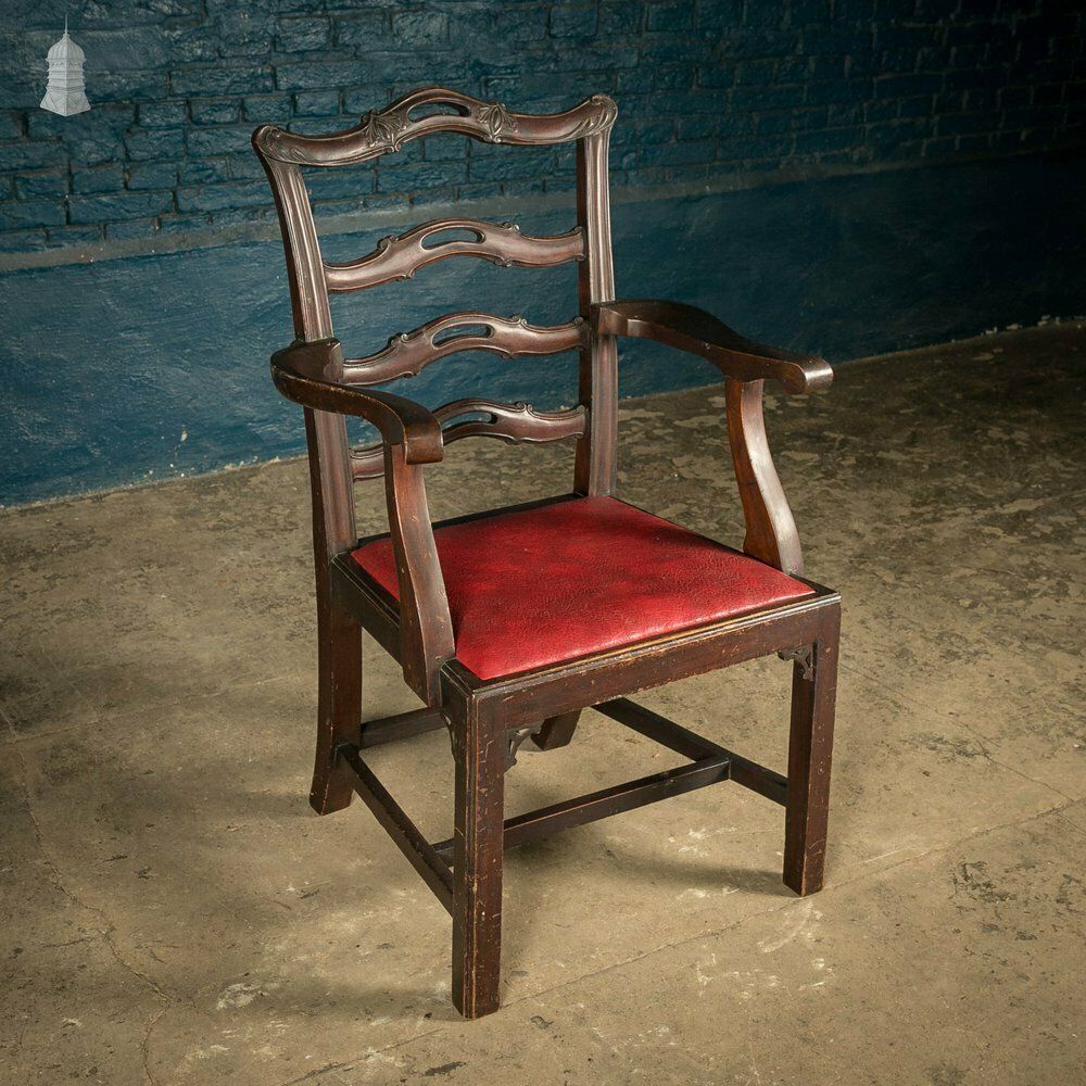 Chippendale Style Chair, Carved Hardwood With Leather Seat Cushion photo for sale