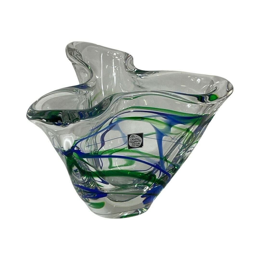 Max Verboeket   Kristalunie Maastricht   Vase With Blue And Green   Unused, Vintage   Dutch Glass   Signed Edition